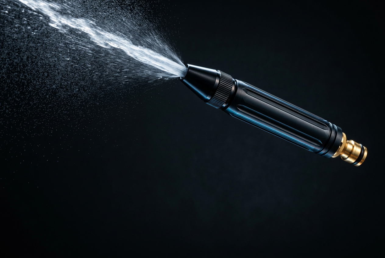 Metal hose nozzle releasing a fine spray of water